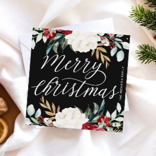 Elegant Black Holiday Floral Christmas Card