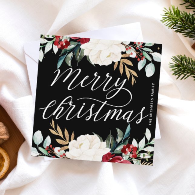 Elegant Black Holiday Floral Christmas Card (Creator Uploaded)
