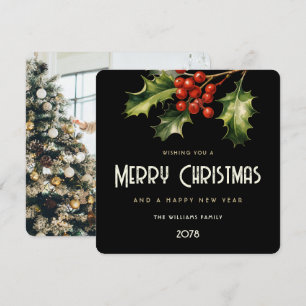 Elegant Black Holly Red Berries Photo Holiday Card