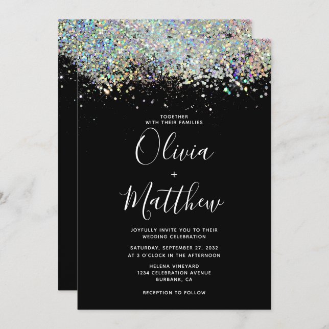 Elegant Black Holographic Glitter Wedding Invitation (Front/Back)