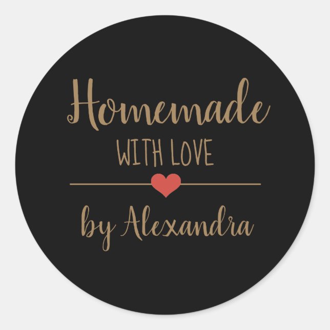 Elegant black homemade with love gold script  clas classic round sticker (Front)