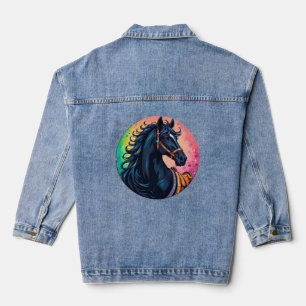 Elegant Black Horse With Vibrant Background Denim Jacket