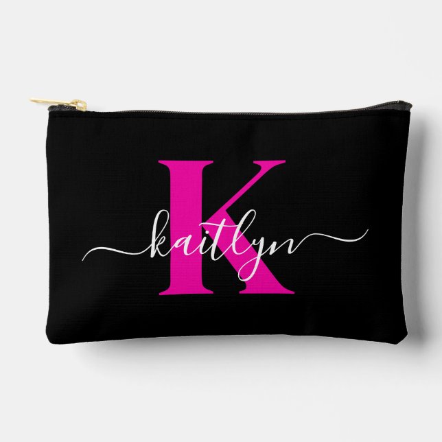 Elegant Black Hot Pink Script Monogram Accessory Pouch (Front)