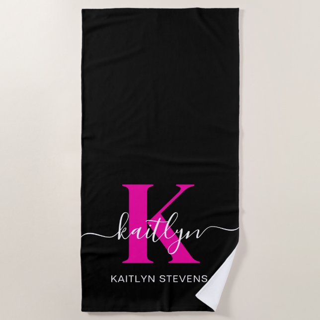 Elegant Black Hot Pink Script Monogram Beach Towel (Front)