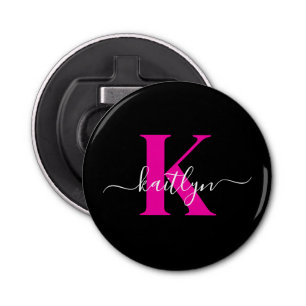 Elegant Black Hot Pink Script Monogram Bottle Opener
