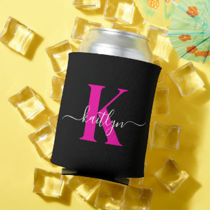 Elegant Black Hot Pink Script Monogram Can Cooler