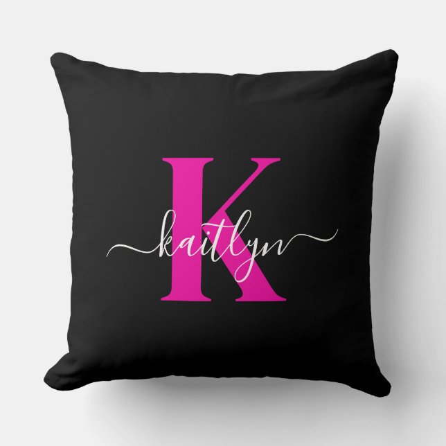 Elegant Black Hot Pink Script Monogram Cushion (Front)