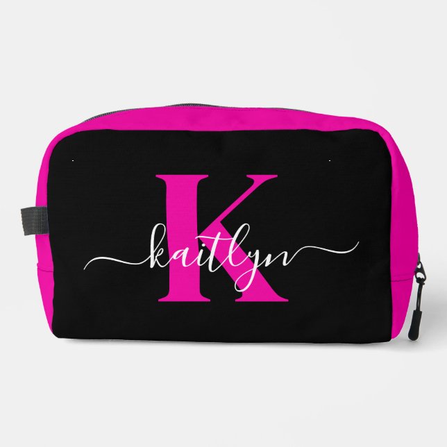 Elegant Black Hot Pink Script Monogram Dopp Kit (Front)