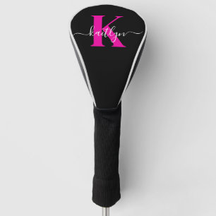 Elegant Black Hot Pink Script Monogram Golf Head Cover