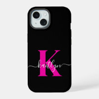 Elegant Black Hot Pink Script Monogram