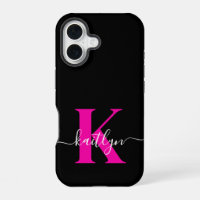 Elegant Black Hot Pink Script Monogram