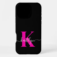 Elegant Black Hot Pink Script Monogram