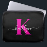 Elegant Black Hot Pink Script Monogram Laptop Sleeve<br><div class="desc">This simple,  elegant black 13" laptop sleeve with your first name in a trendy script font in white and your first initial in a modern cap font in hot pink is perfect for you.  It's stylish and trendy and yet very classic. It's unique - like you!</div>