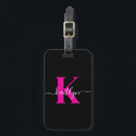 Elegant Black Hot Pink Script Monogram Luggage Tag<br><div class="desc">This simple, elegant black luggage tag with your first name in a trendy script font in white typed over your first initial in a modern cap font in hot pink on one side and a slide in card for your name, address and phone number on the other would look fabulous...</div>
