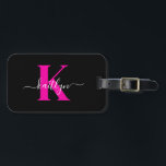 Elegant Black Hot Pink Script Monogram Luggage Tag<br><div class="desc">This simple, elegant black luggage tag with your first name in a trendy script font in white typed over your first initial in a modern cap font in hot pink on one side and a slide in card for your name, address and phone number on the other would look fabulous...</div>