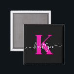 Elegant Black Hot Pink Script Monogram Magnet<br><div class="desc">This simple, elegant black 2" square magnet with your first name in a trendy script font in white and your first initial in a modern cap font in hot pink is perfect for you. It's stylish and trendy and yet very classic. It will look fabulous on your file cabinet, refrigerator,...</div>