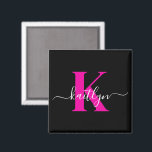 Elegant Black Hot Pink Script Monogram Magnet<br><div class="desc">This simple, elegant black 2" square magnet with your first name in a trendy script font in white and your first initial in a modern cap font in hot pink is perfect for you. It's stylish and trendy and yet very classic. It will look fabulous on your file cabinet, refrigerator,...</div>