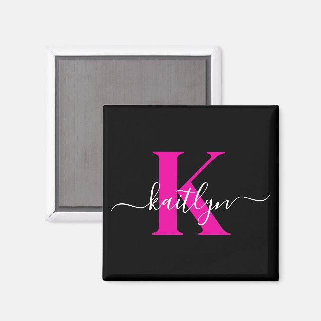 Elegant Black Hot Pink Script Monogram Magnet (Front/Back)