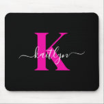 Elegant Black Hot Pink Script Monogram Mouse Pad<br><div class="desc">This simple,  elegant black mousepad with your first name in a trendy script font in white typed over your first initial in a modern cap font in hot pink is perfect for your office/desk.  It's stylish and trendy and yet very classic.</div>