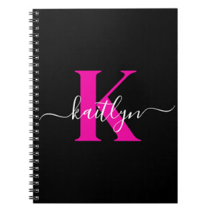 Elegant Black Hot Pink Script Monogram Notebook