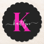 Elegant Black Hot Pink Script Monogram Paper Coaster<br><div class="desc">These simple, elegant black round fluted edge paper coasters with your first name in a trendy script font in white typed over your first initial in a modern cap font in hot pink are perfect for keeping your tables and counters free from water rings. They absorb droplets so you don't...</div>