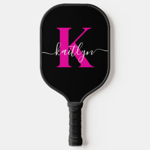 Elegant Black Hot Pink Script Monogram Pickleball Paddle