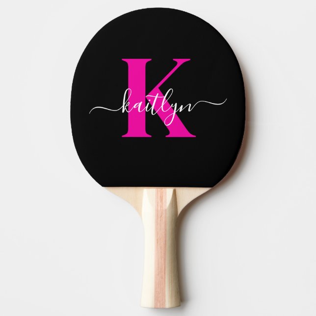 Elegant Black Hot Pink Script Monogram Ping Pong Paddle (Front)