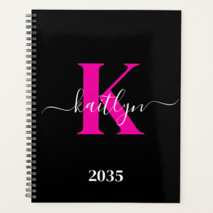 Elegant Black Hot Pink Script Monogram Planner
