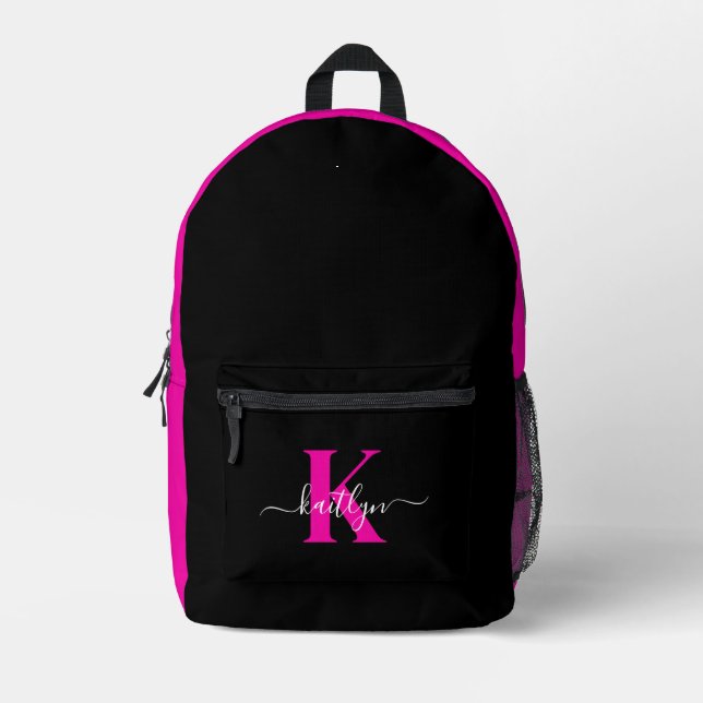 Elegant Black Hot Pink Script Monogram Printed Backpack (Front)