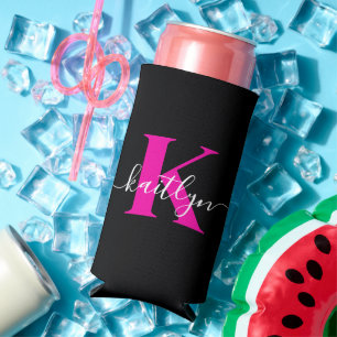Elegant Black Hot Pink Script Monogram Seltzer Can Cooler