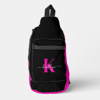 Elegant Black Hot Pink Script Monogram