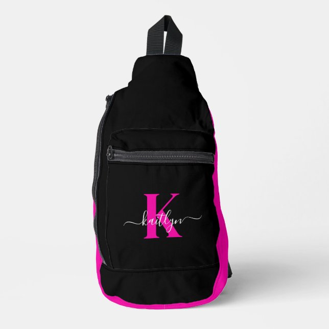 Elegant Black Hot Pink Script Monogram Sling Bag (Front)