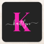 Elegant Black Hot Pink Script Monogram Square Paper Coaster<br><div class="desc">These simple, elegant black square paper coasters with your first name in a trendy script font in white typed over your first initial in a modern cap font in hot pink are perfect for keeping your tables and counters free from water rings. They absorb droplets so you don't have to...</div>