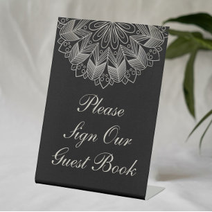 Elegant Black Indian Boho Wedding Guest Book Pedestal Sign