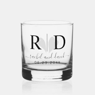 Elegant black initials and hearts wedding whiskey glass
