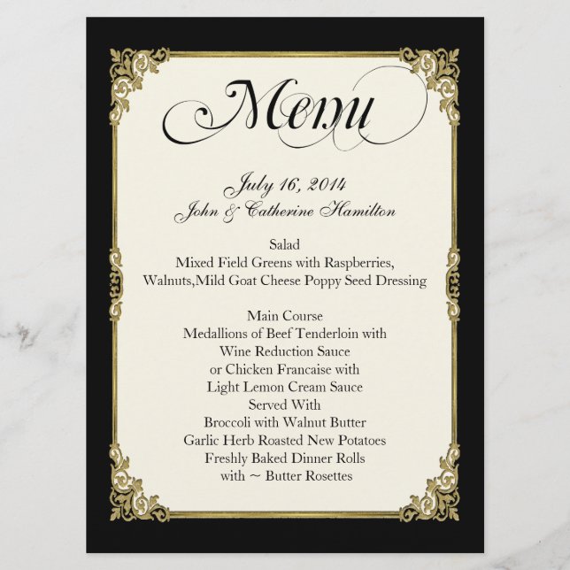 Elegant Black, Ivory, and Gold Custom Wedding Menu (Front)