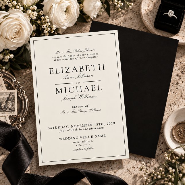 Elegant Black & Ivory Classic Script Wedding Invitation (Creator Uploaded)