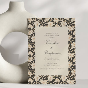 Elegant Black Ivory Floral Script Engagement Party Invitation