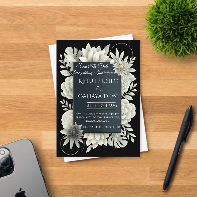 Elegant Black & Ivory Floral Wedding Invitation  (Insitu (Invitation Card))