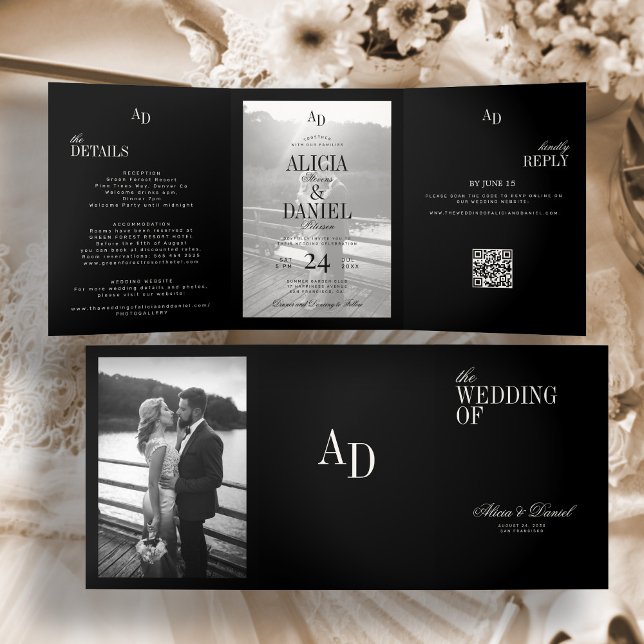 Elegant black ivory wedding photo RSVP all in one Tri-Fold Invitation (Creator Uploaded)