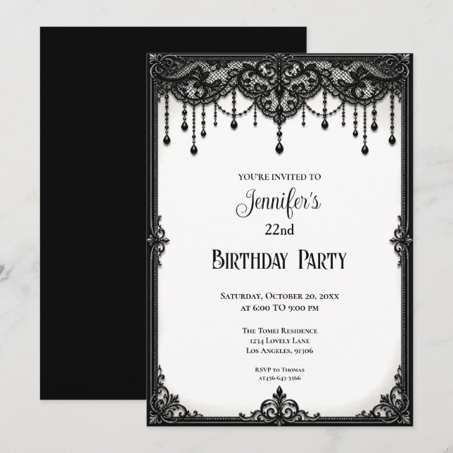Elegant Black Lace Birthday Invitation (Front/Back)