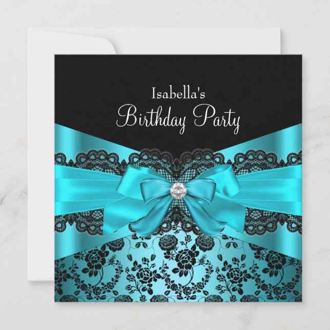Elegant Black Lace & Bow Teal Birthday Invitation (Front)