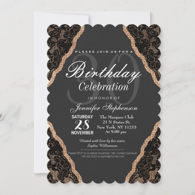 Elegant Black Lace on Burlap Jute Invitation (Front)