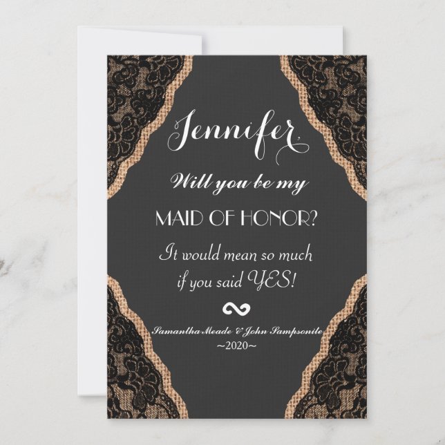 Elegant Black Lace on Burlap Jute Invitation (Front)