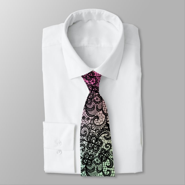 Elegant Black Lace On Gradient Pink and Green Tie (Tied)