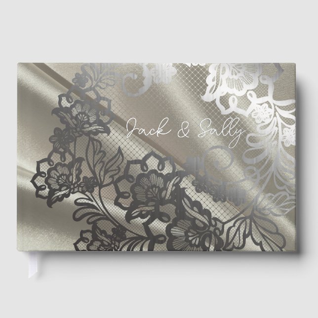 Elegant Black Lace Wedding Guest Book (Front)