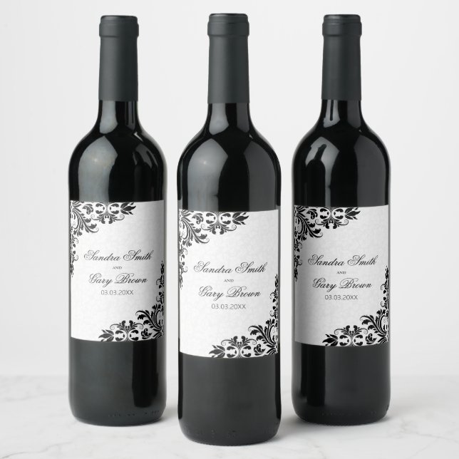 Elegant Black Lace White Damasks Wine Label (Bottles)