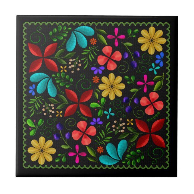 Elegant Black | Latin American Folk Floral Tile (Front)