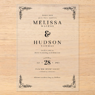 Elegant Black Leafy Vines Acrylic Invitations
