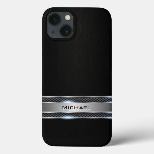 Elegant Black Leather and Silver Metal Label Look iPhone 13 Case